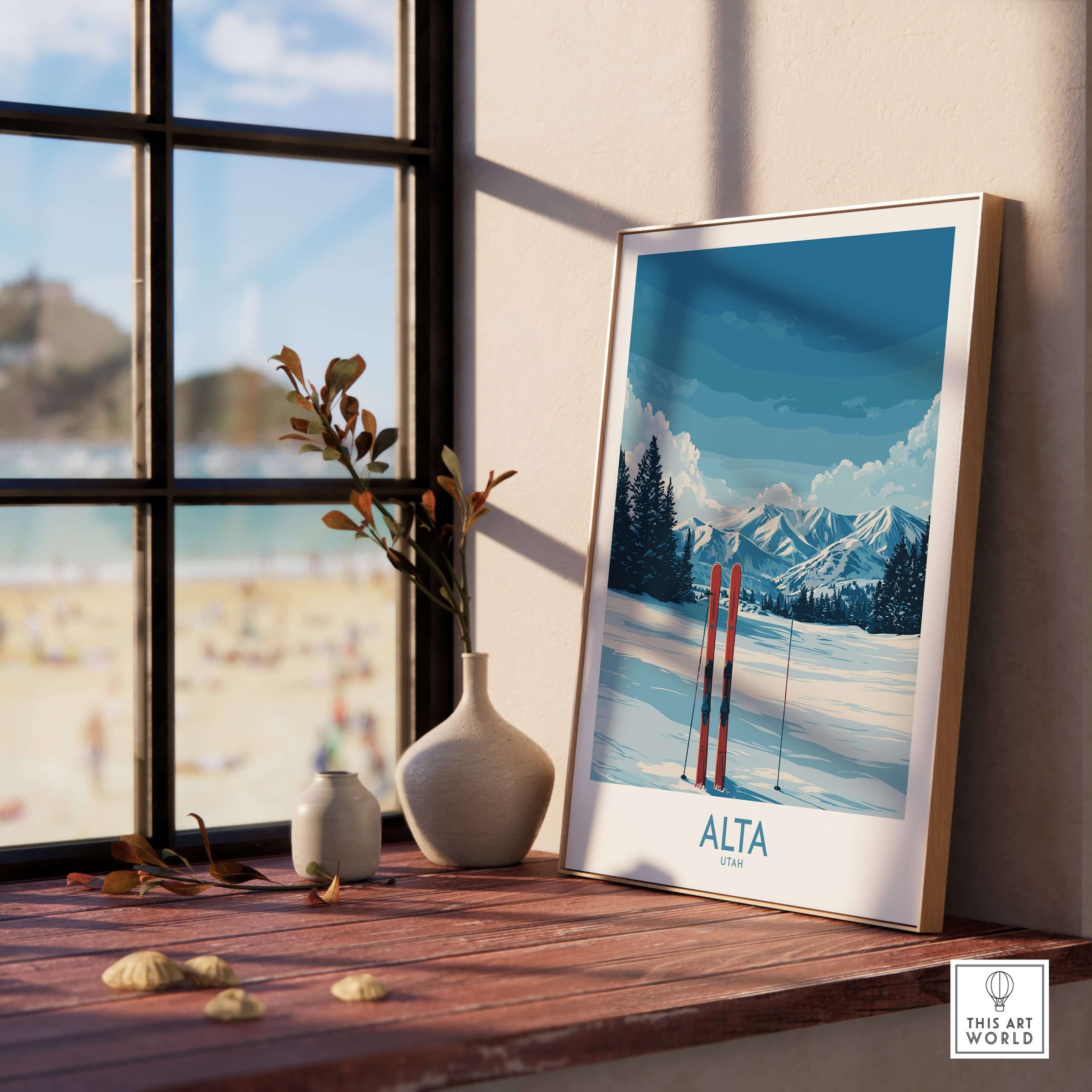 Alta Utah winter mountain landscape poster featuring skis and snowy peaks for skiing decor.