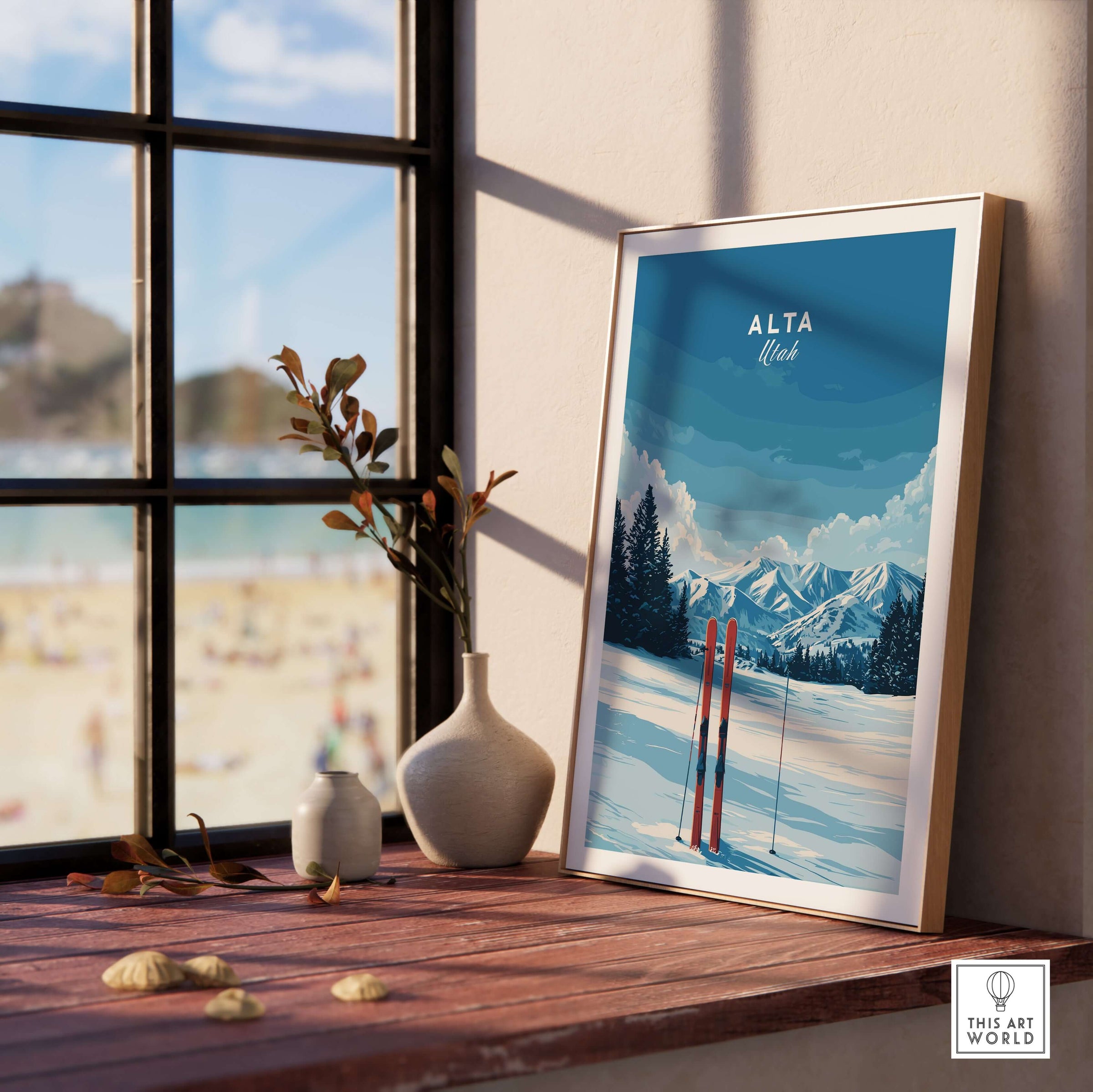 Framed wall art print of skis in snow at Alta Utah, showcasing scenic mountain landscape, perfect for ski lovers.
