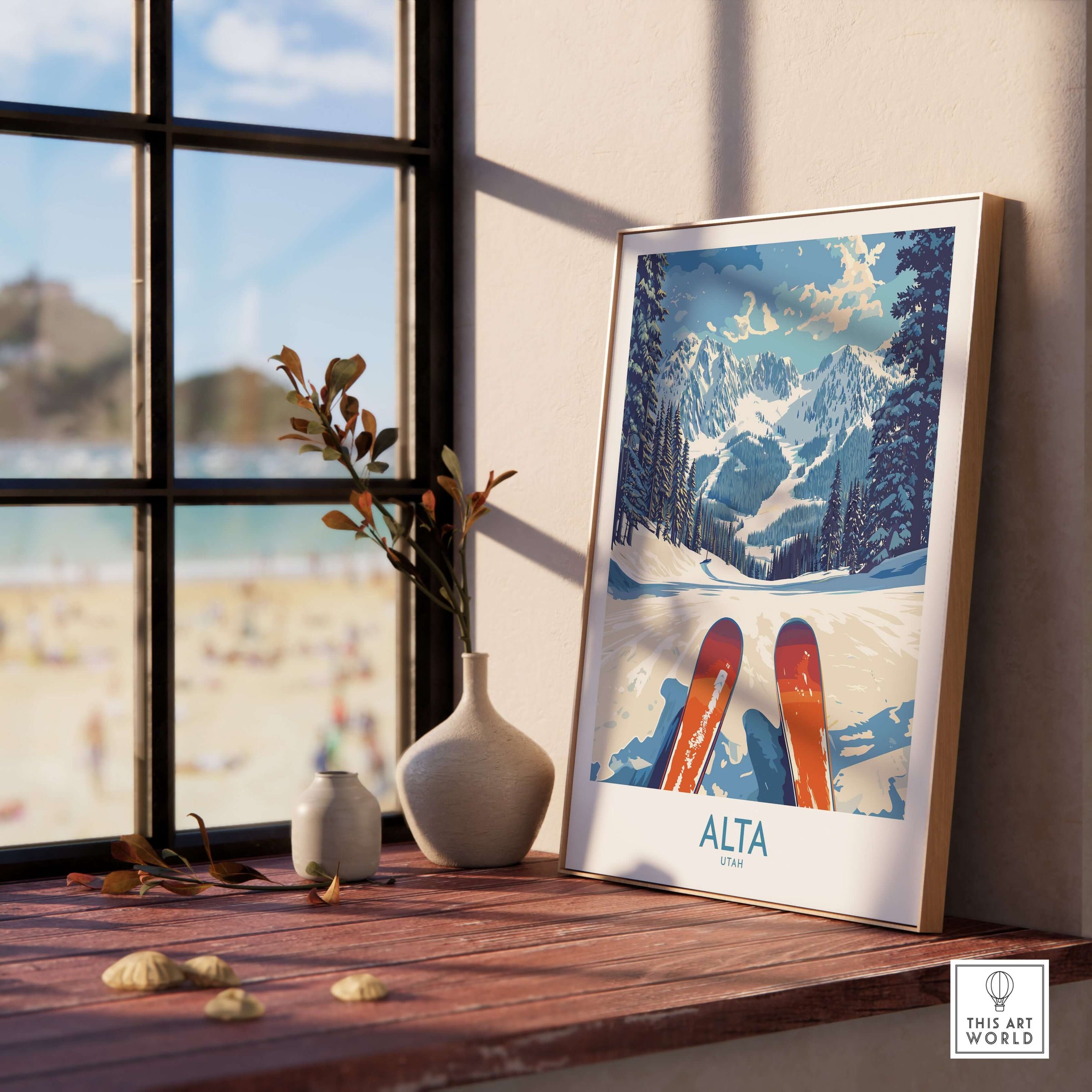 Alta Utah Ski Adventure Poster on a sunny windowsill with beach view, showcasing the stunning Wasatch Range.