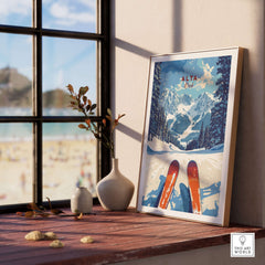Panoramic Alta Utah ski view print displayed in a cozy interior setting, showcasing vibrant mountains and skis.