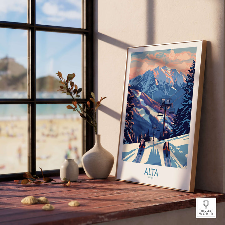 Alta Utah ski print displayed on a wooden table with a mountain view, perfect winter sports travel decor.