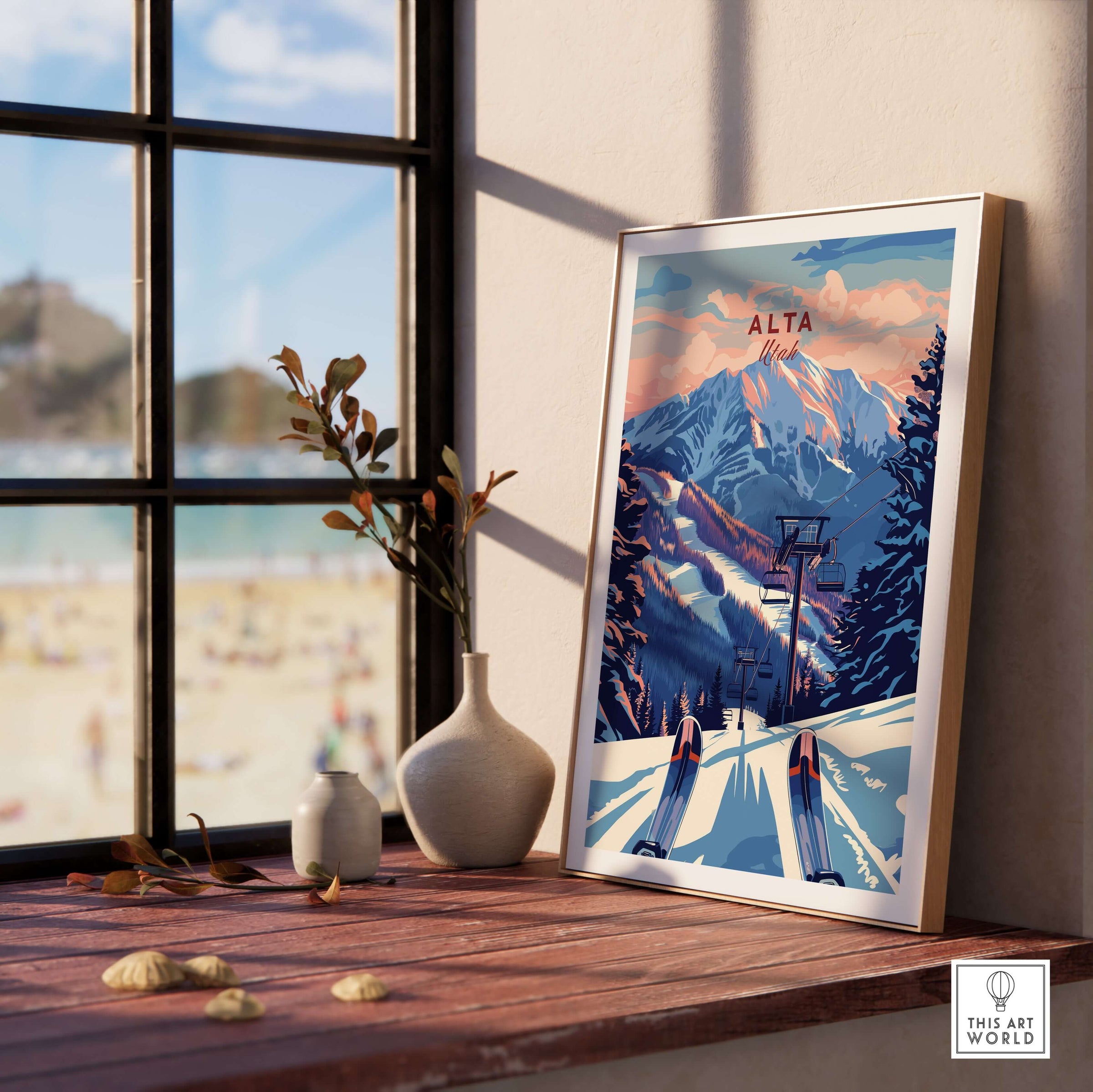 Alta Utah Ski Lift poster showcasing mountain scenery and a vibrant sunset, perfect for cozy wall art.
