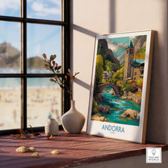 Andorra Art Print | Pyrenees Mountain Travel Poster displayed in a bright room near a window with scenic view.
