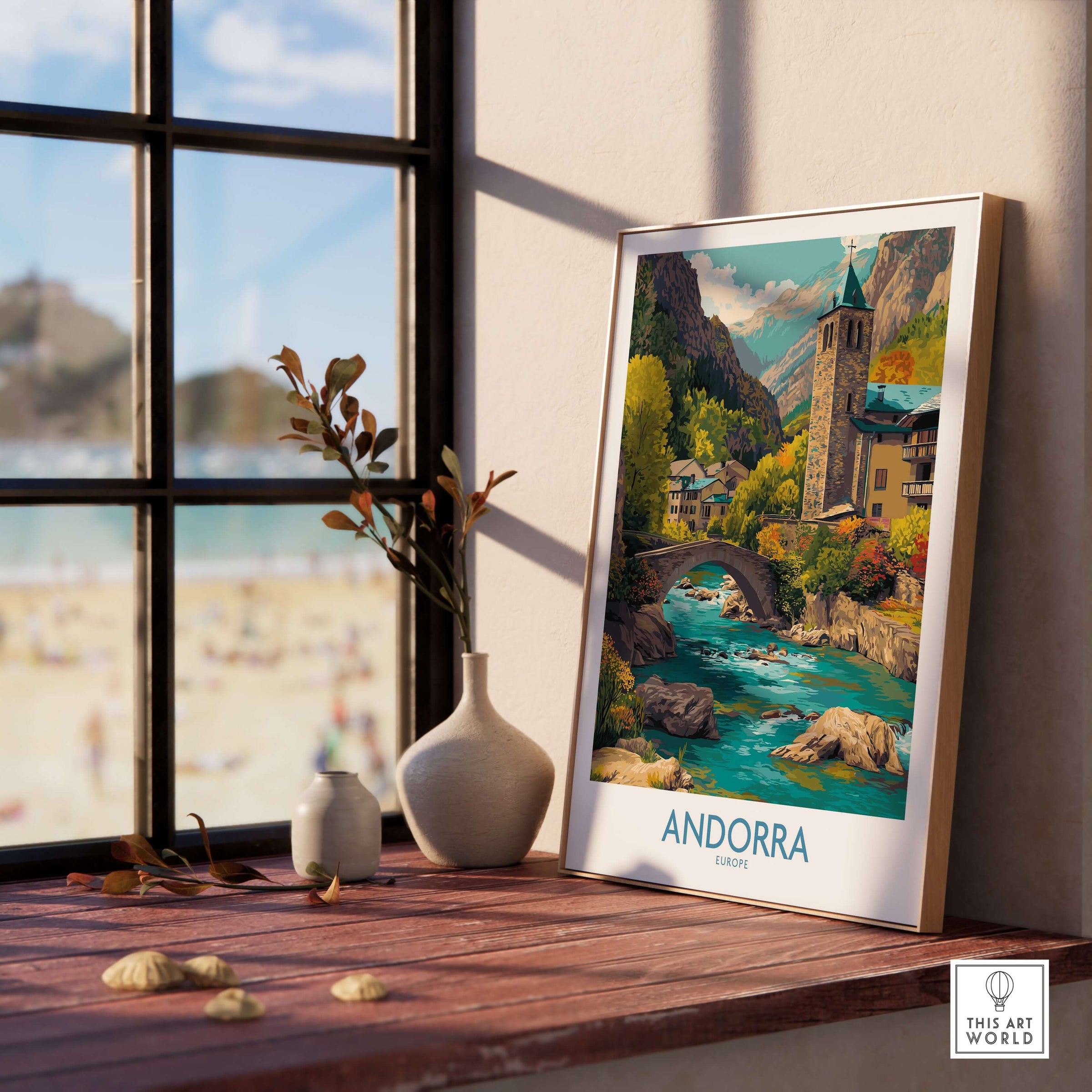 Andorra Art Print | Pyrenees Mountain Travel Poster displayed in a bright room near a window with scenic view.