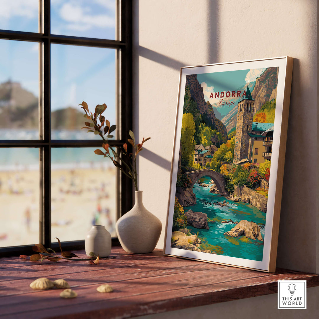 Andorra Valira River Valley Village Print | European Mountain Wall Decor framed beside a window with beach view.