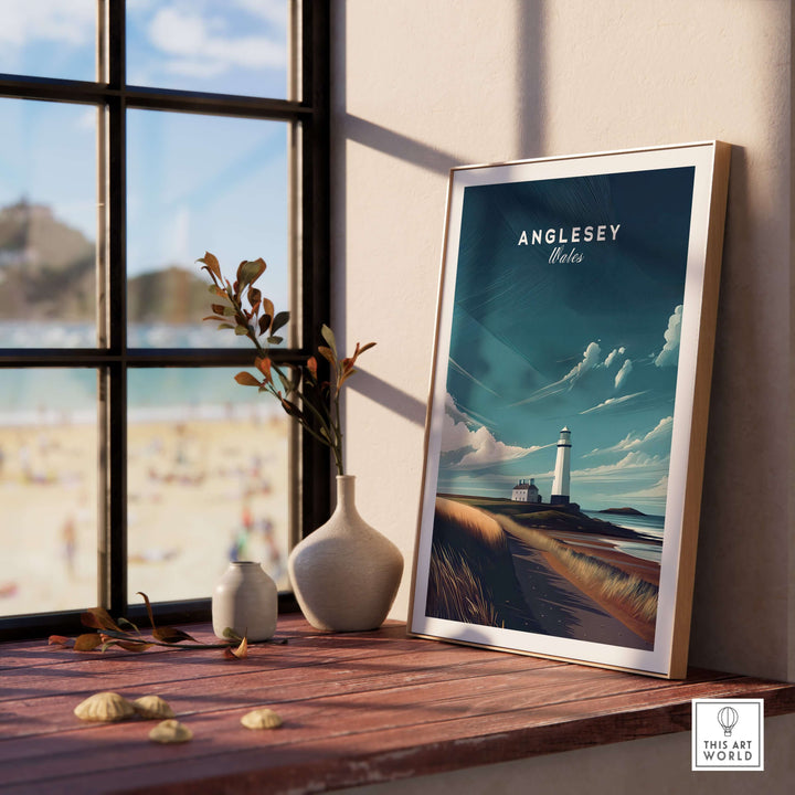 Anglesey Wales Lighthouse Coastal Print displayed indoors, enhancing home décor with tranquil Welsh landscape.