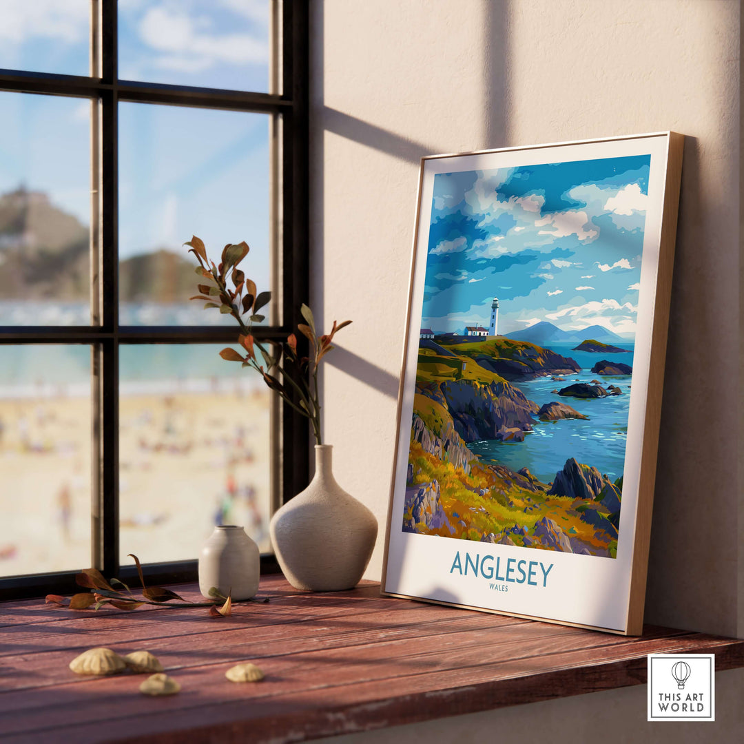 Anglesey Wales print showcasing grassy cliffs and coastal landscape, ideal for travel decor.