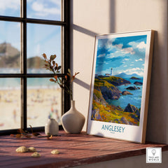 Anglesey Wales Print Grassy Cliffs Landscape - Welsh Island Travel Decor displayed on a wooden shelf near a window.