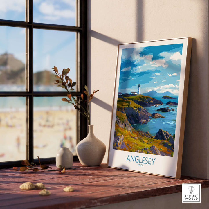 Anglesey Wales print showcasing grassy cliffs and coastal landscape, ideal for travel decor.