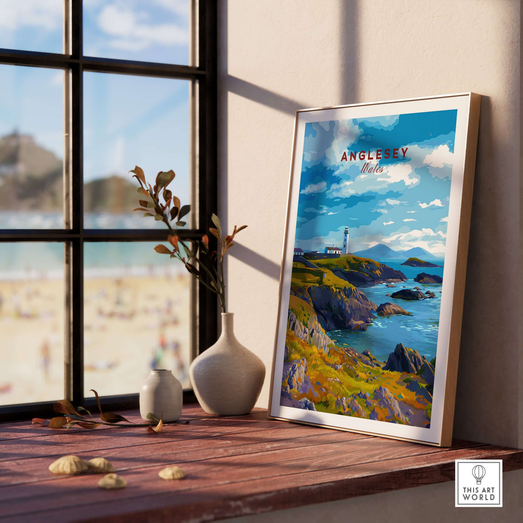 Anglesey Wales poster featuring rocky coast and lighthouse, adding coastal charm to home decor.