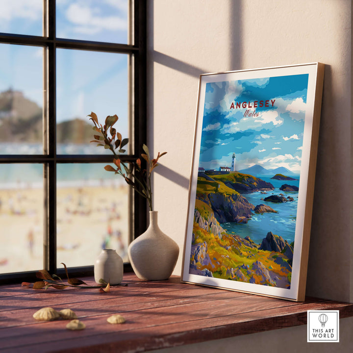 Anglesey Wales poster featuring rocky coast and lighthouse, adding coastal charm to home decor.