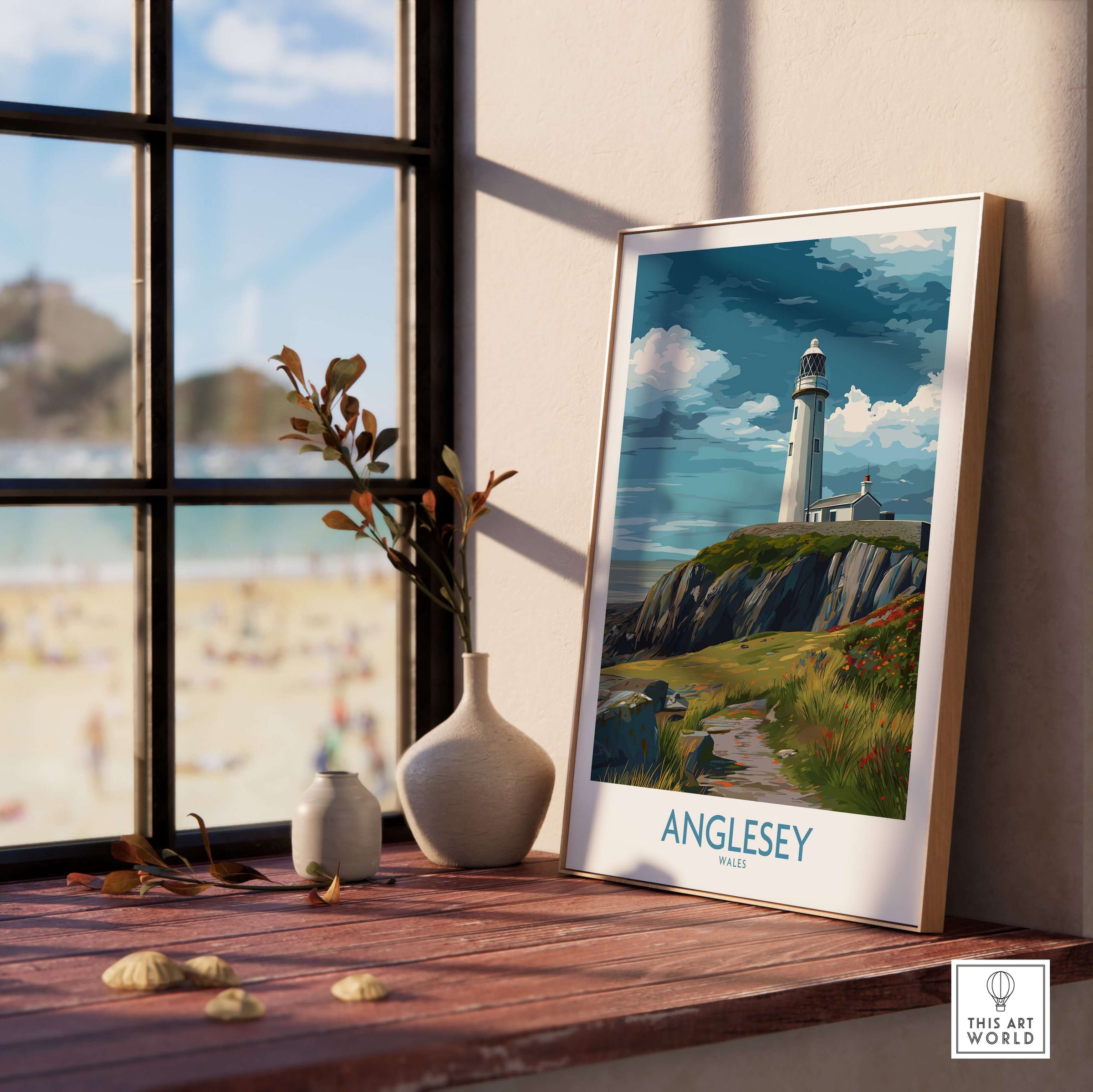 Anglesey Wales Scenic Seascape Poster - Welsh Lighthouse Decor on a wooden table near a window