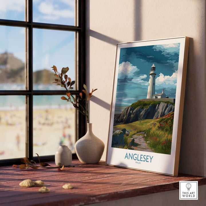 Anglesey Wales seascape poster featuring a classic lighthouse, perfect for coastal decor.