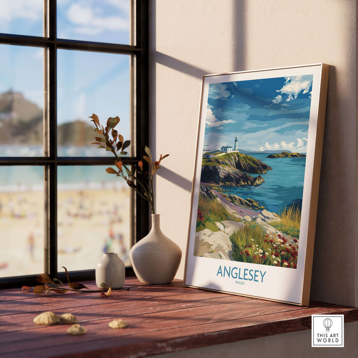 Anglesey Wales Seaside Blossom Print featuring coastal landscape and lighthouse, adding natural beauty to home decor.