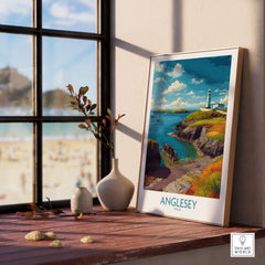 Anglesey Wales Ocean View Travel Poster - Welsh Seaside Decor displayed in a bright room with a beach view.