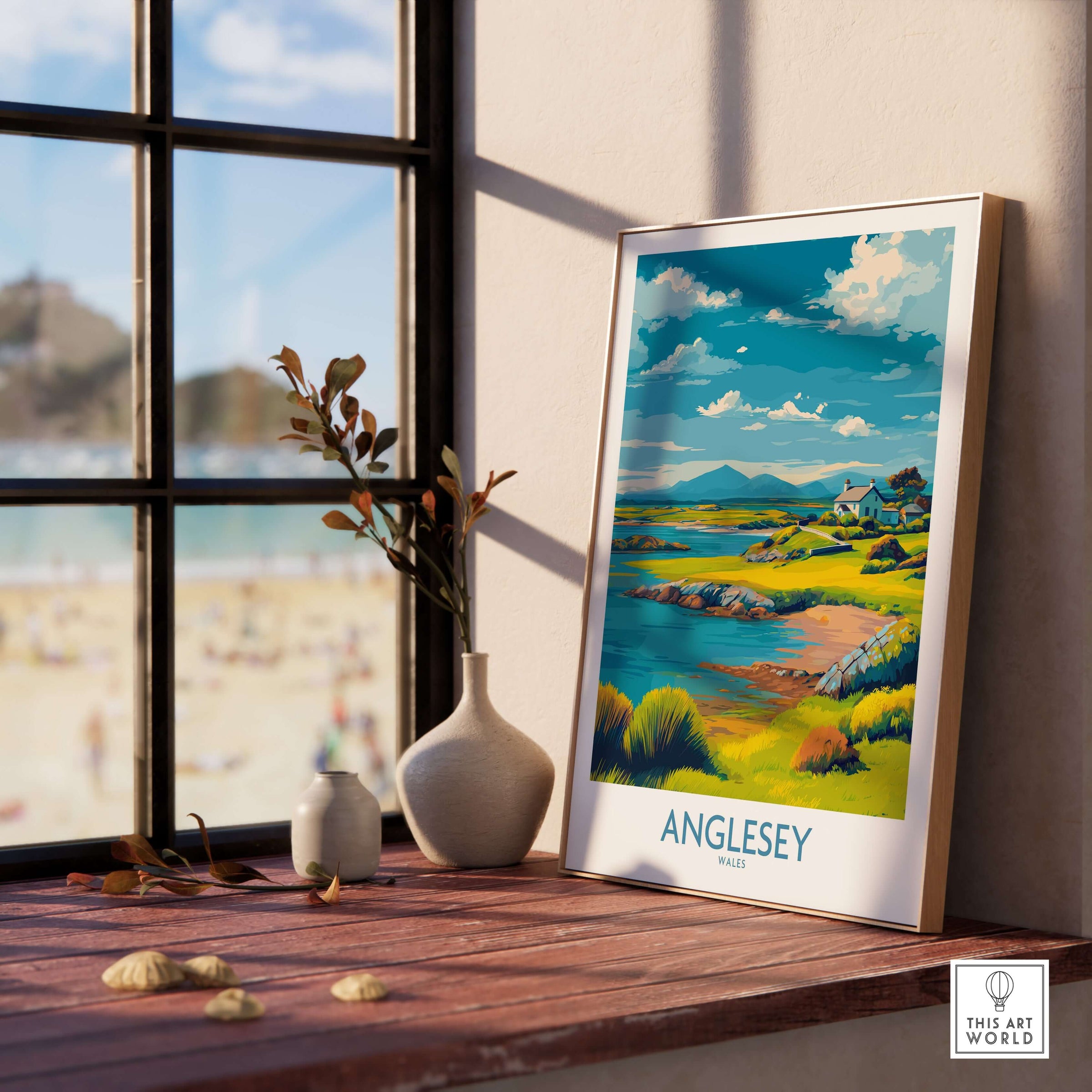 Anglesey Wales Tranquil Bay Poster - Welsh Countryside Travel Decor displayed in a modern interior with a view.