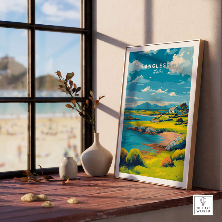 Anglesey Wales green coastline print displayed in a serene indoor setting with scenic views.