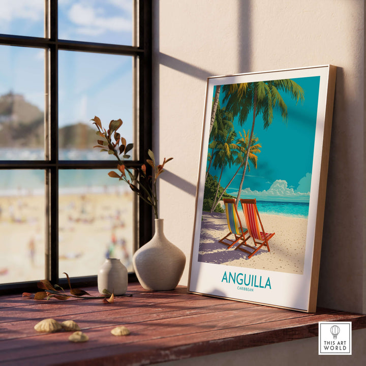 Anguilla Caribbean sunset poster on a wooden table, with beach view through the window, showcasing tropical paradise vibes.