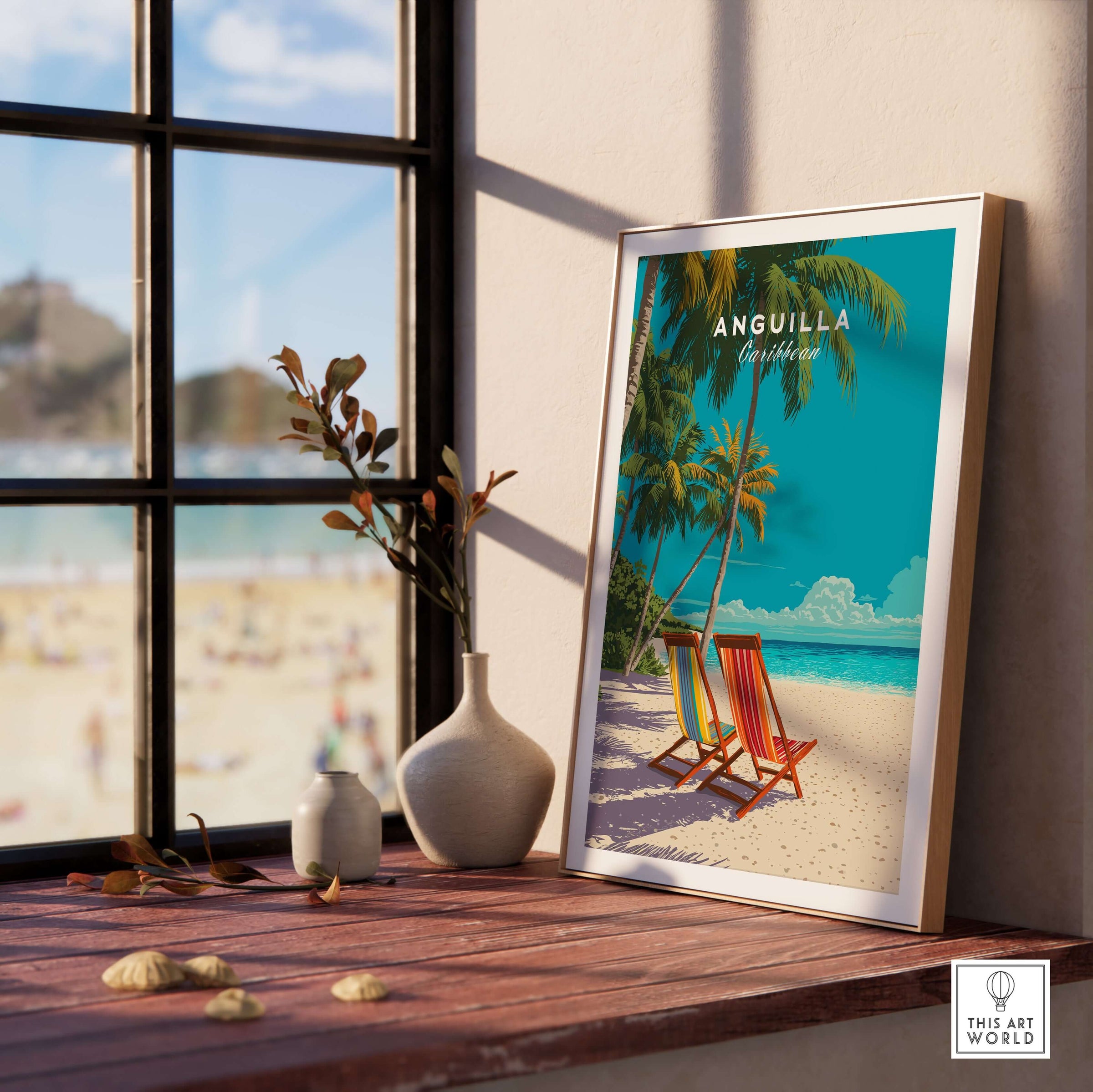 Anguilla Caribbean Wall Art - Tropical Island Print showcasing a vibrant beach scene with palm trees and chairs.