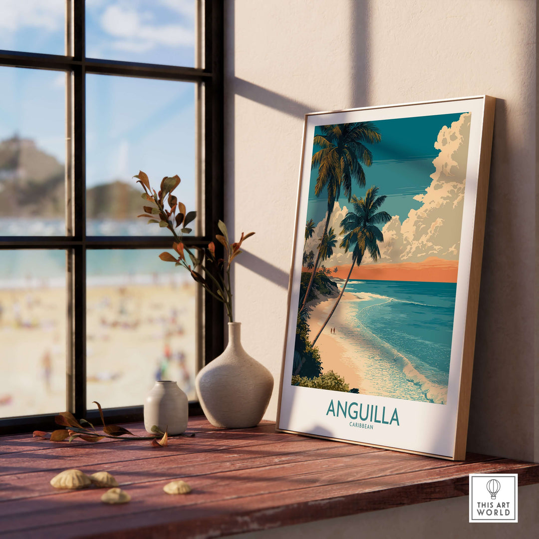 Anguilla Caribbean poster displayed in a sunny room, featuring palm trees and a pristine beach scene.