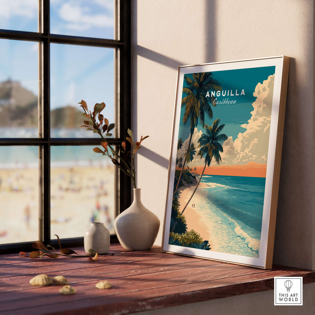 Anguilla Caribbean beach poster displayed in a sunlit room, showcasing tropical vibes and serene waters.