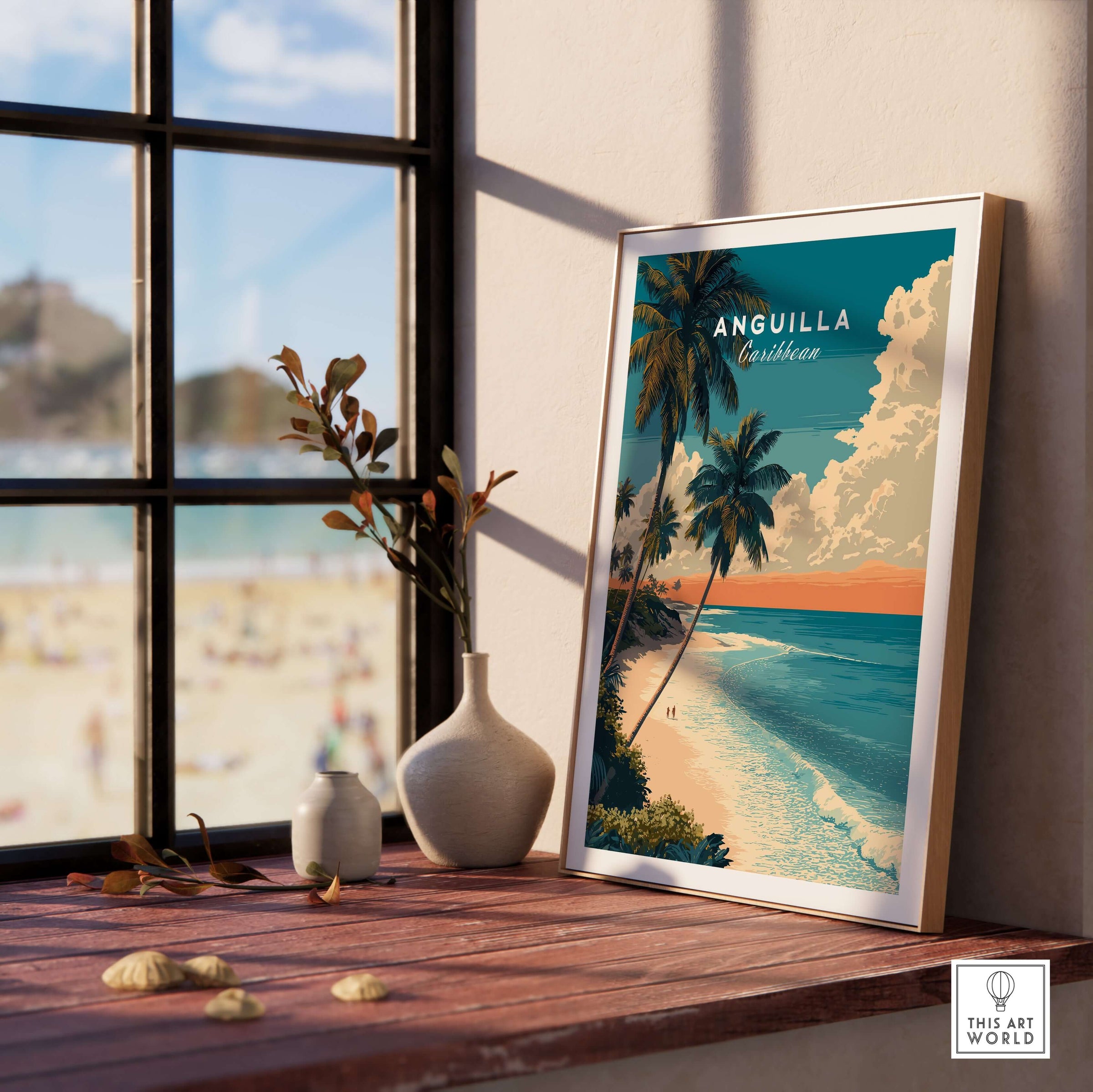 Anguilla Poster Caribbean Beach Wall Art showcased in a serene home setting with tropical beach scene and framed decor.