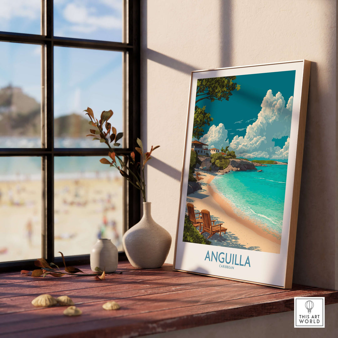 Anguilla print Caribbean wall art showcasing vibrant tropical beach scene with clear waters and clouds.