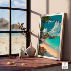 Anguilla Caribbean Beach Print framed on a wooden table, showcasing a vibrant beach scene through a window.