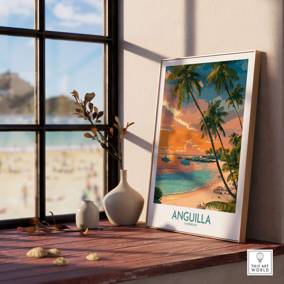 Anguilla Caribbean print seascape artwork by a window, showcasing a vibrant sunset over tranquil waters.