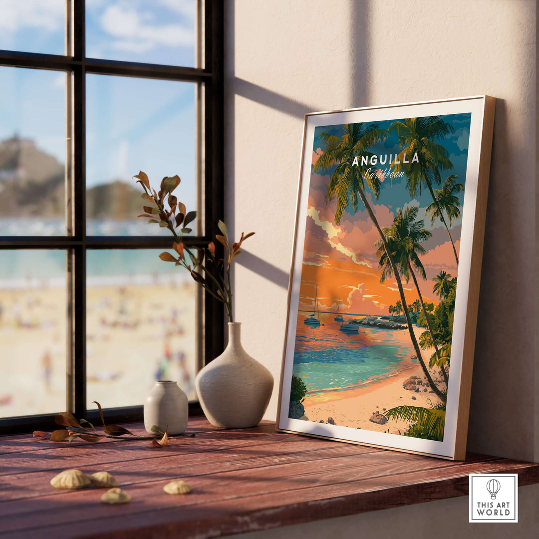 Anguilla sunset poster featuring vibrant beach scene art displayed by a window with tropical view.