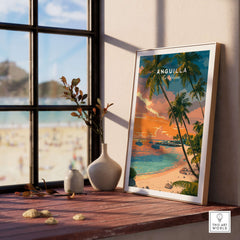 Anguilla Poster Caribbean Sunset Poster - Vibrant Beach Scene Art displayed in a bright room with beach view.