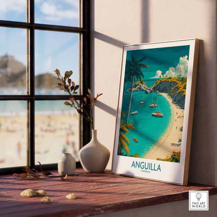 Anguilla Caribbean beach poster showcasing turquoise waters and vibrant scenery in home décor setting.