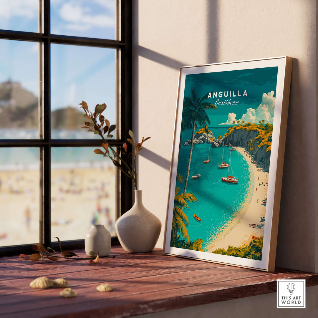Framed Anguilla travel poster showcasing vibrant beach scenery and turquoise waters, perfect Caribbean wall art.