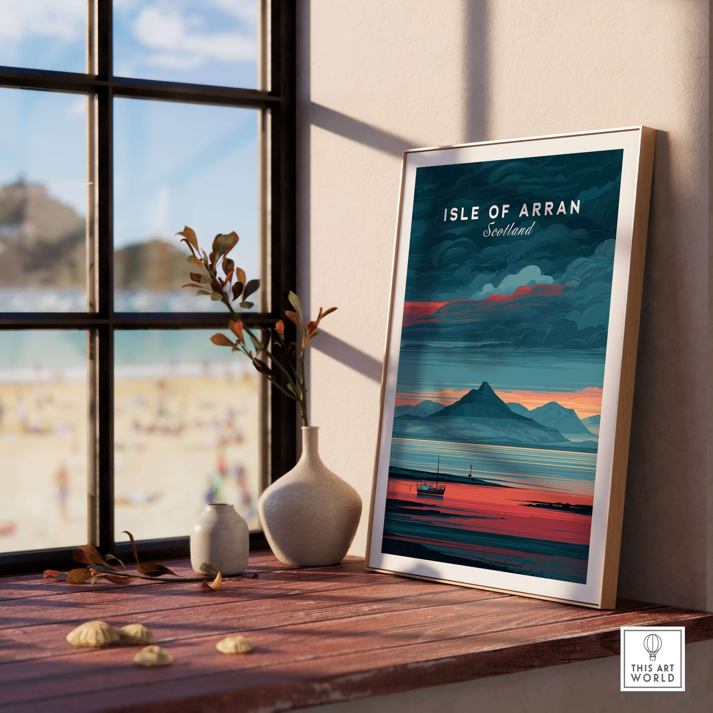 Isle of Arran Print Scotland Mountain Sunset - Dramatic Scottish Landscape Art displayed in a cozy room setting.