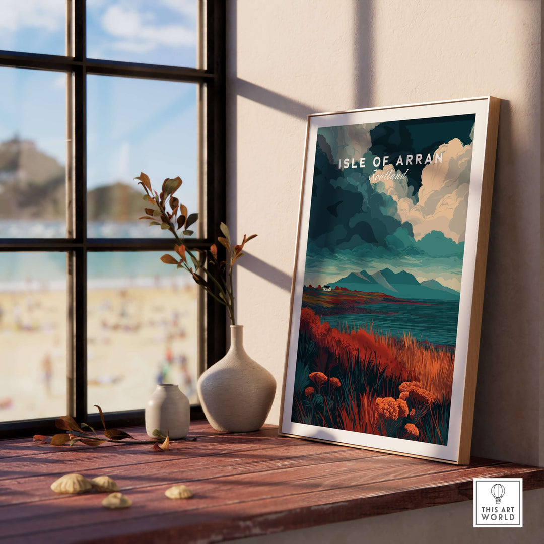 Framed Isle of Arran wall art showcasing rugged Scottish landscapes and vibrant flora.