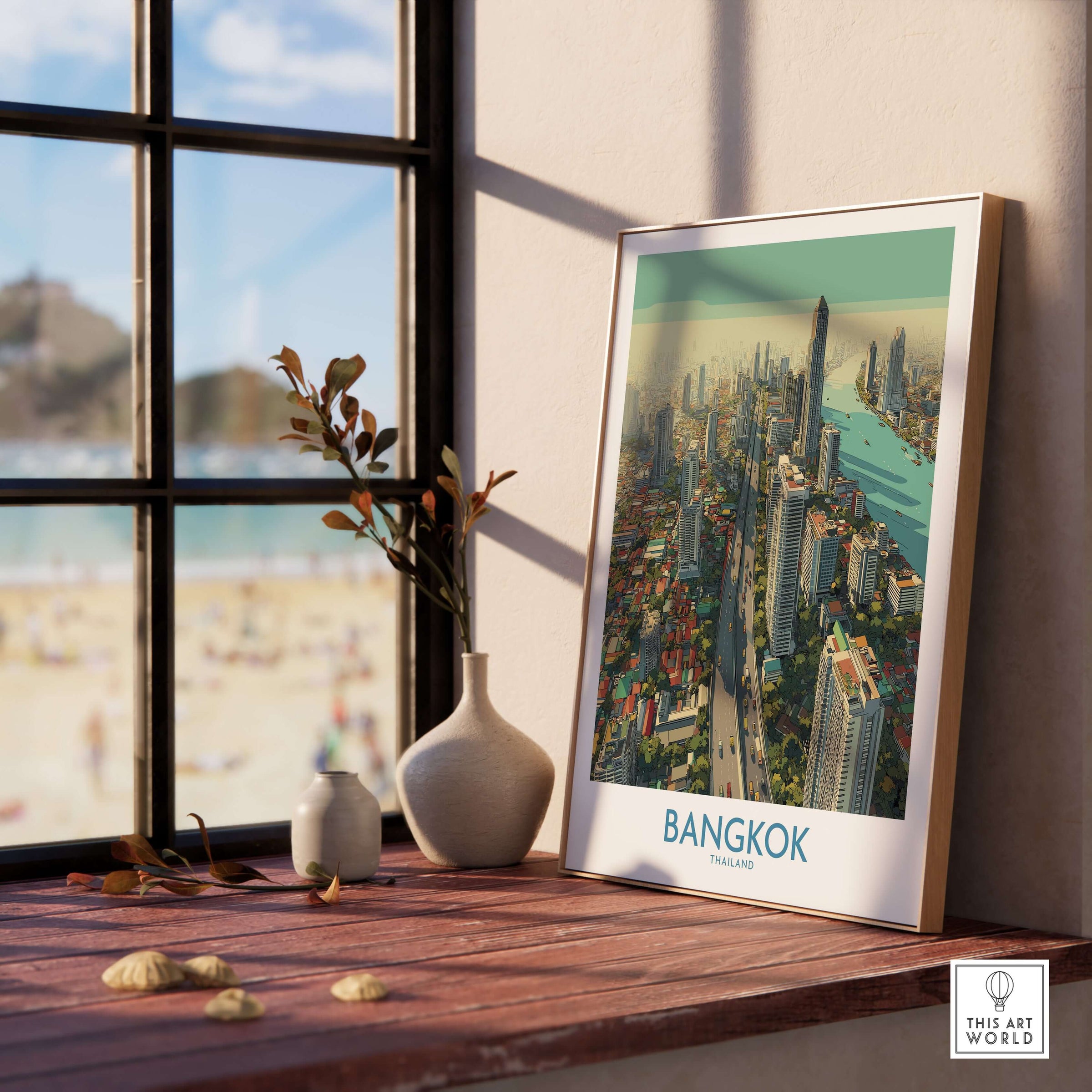 Bangkok Thailand Modern City View Wall Art - Cityscape Poster displayed in a stylish interior with a beach view.