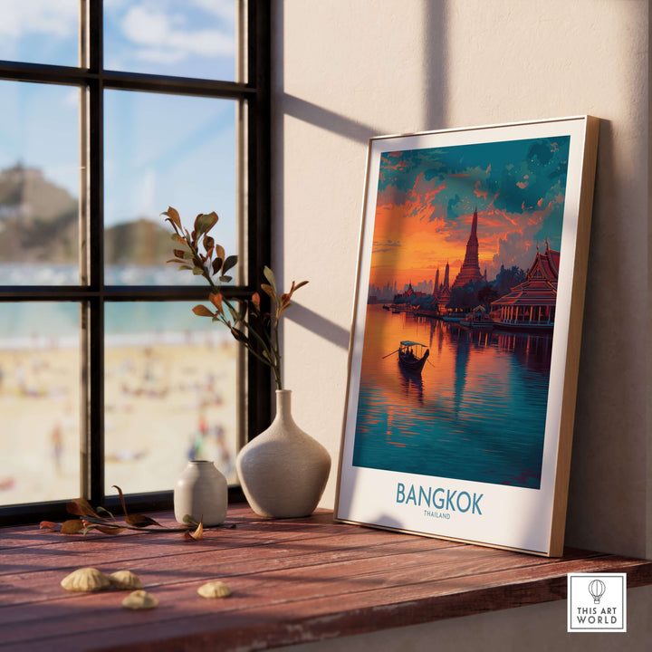 Bangkok poster featuring a riverboat at dusk, showcasing Thai landmarks, perfect for travel-themed decor.
