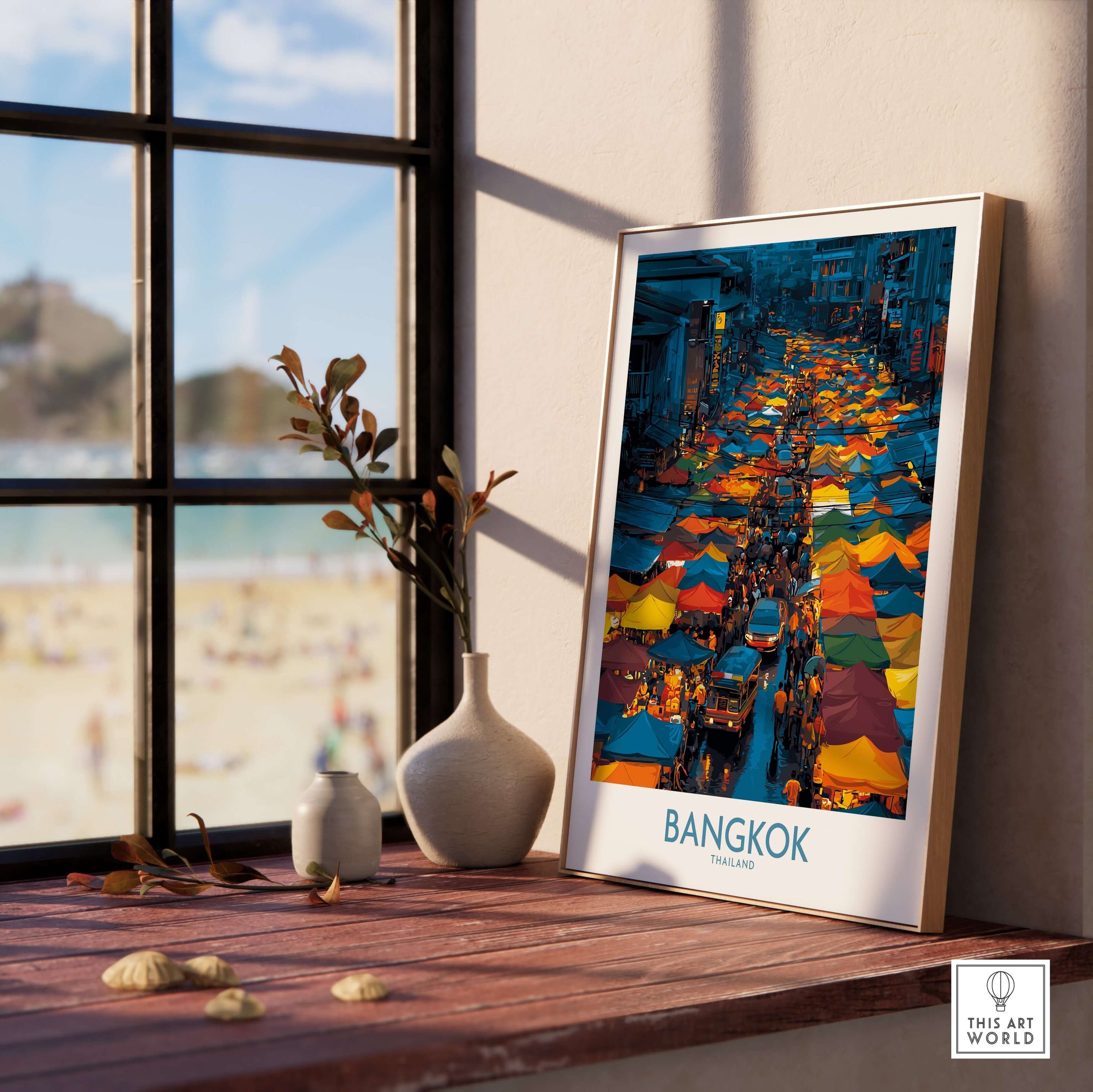 Bangkok Thailand Market Vendors Wall Art - Cultural Travel Print displayed in a cozy interior setting, capturing vibrant market scenes.