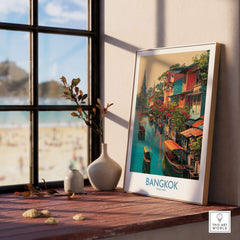 Bangkok Thailand Poster - Floating Market Travel Print displayed in a sunlit room with a beach view.