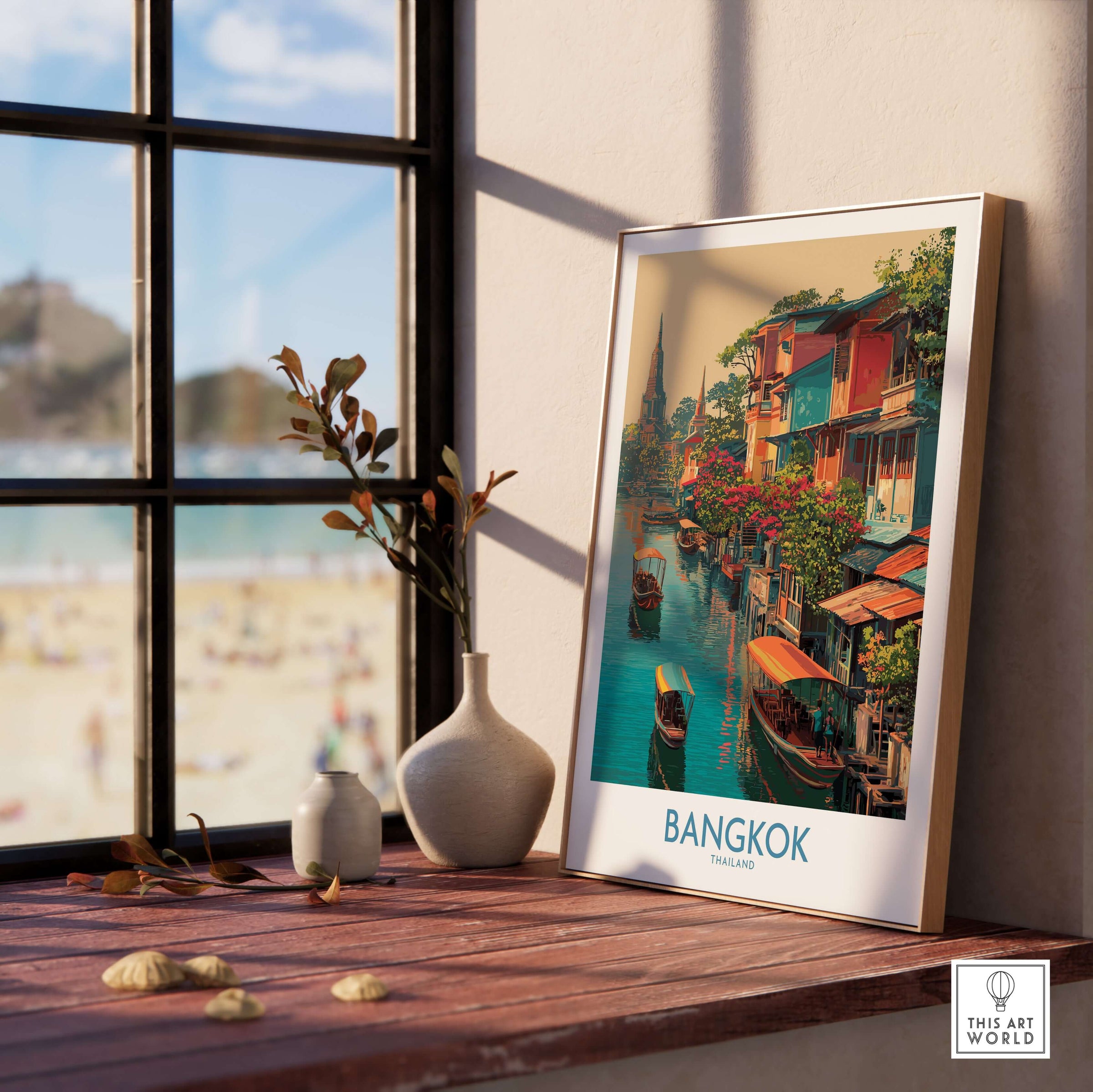 Bangkok Thailand Poster - Floating Market Travel Print displayed in a sunlit room with a beach view.