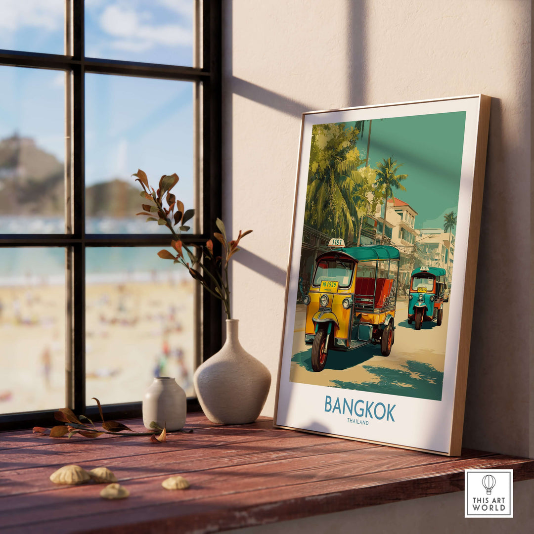 Vibrant Bangkok tuk tuks print on a wooden table by the window, showcasing Thai culture and travel themes.