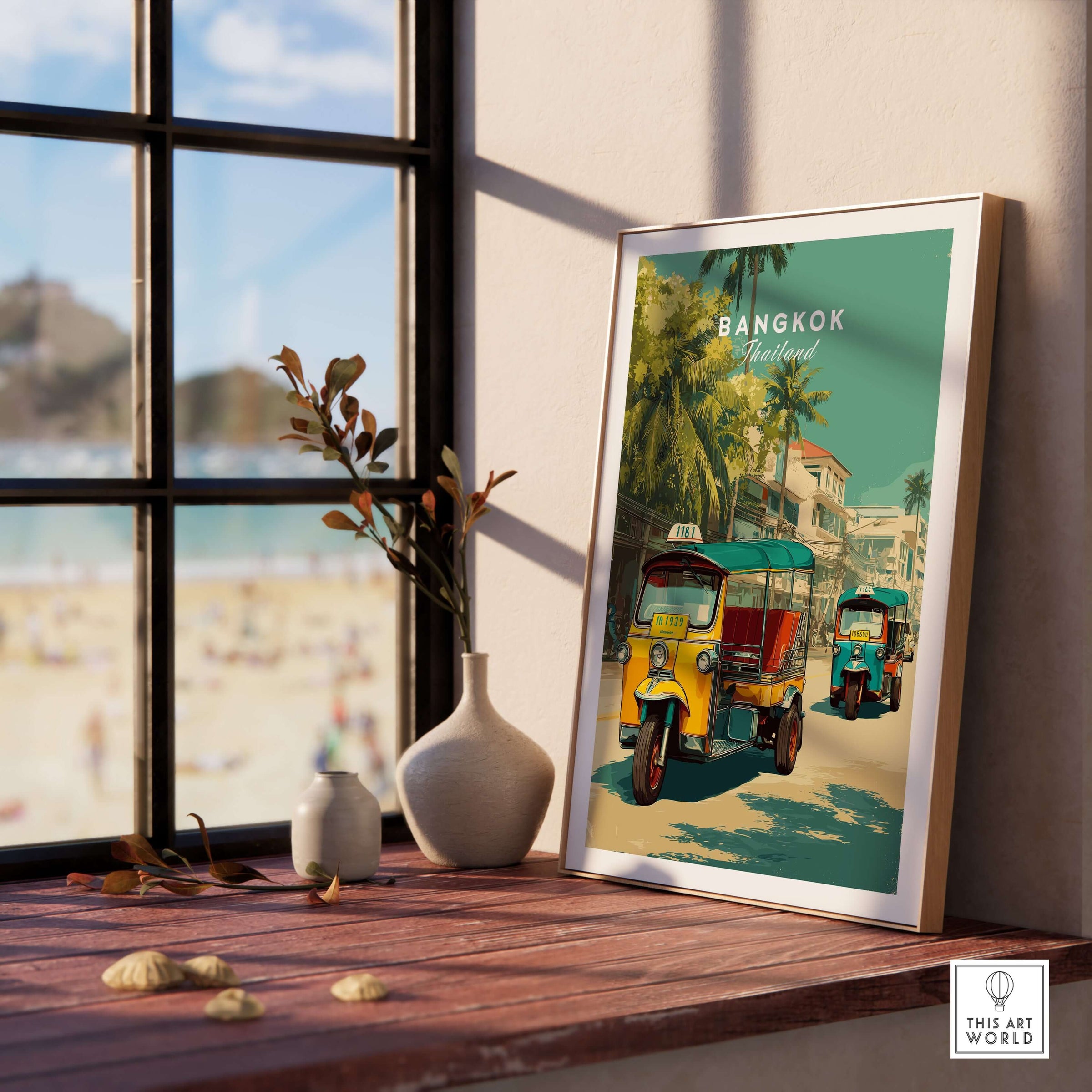Bangkok Thailand Tuk Tuk City Street Poster - Wall Art displayed in a bright room with a beach view.