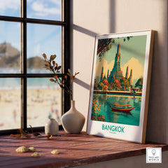 Bangkok Wall Art Thailand Temple Poster - Travel Print displayed in a bright room with a view of the beach.