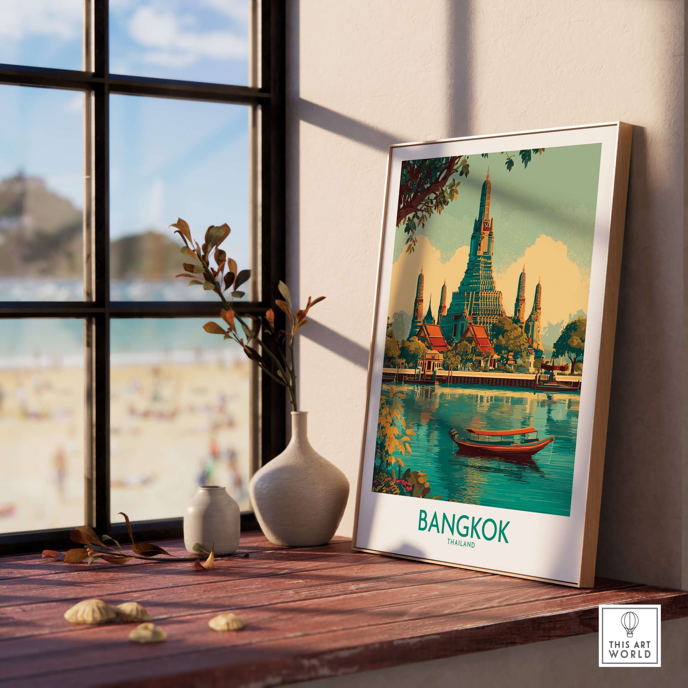 Bangkok Wall Art Thailand Temple Poster - Travel Print displayed in a bright room with a view of the beach.