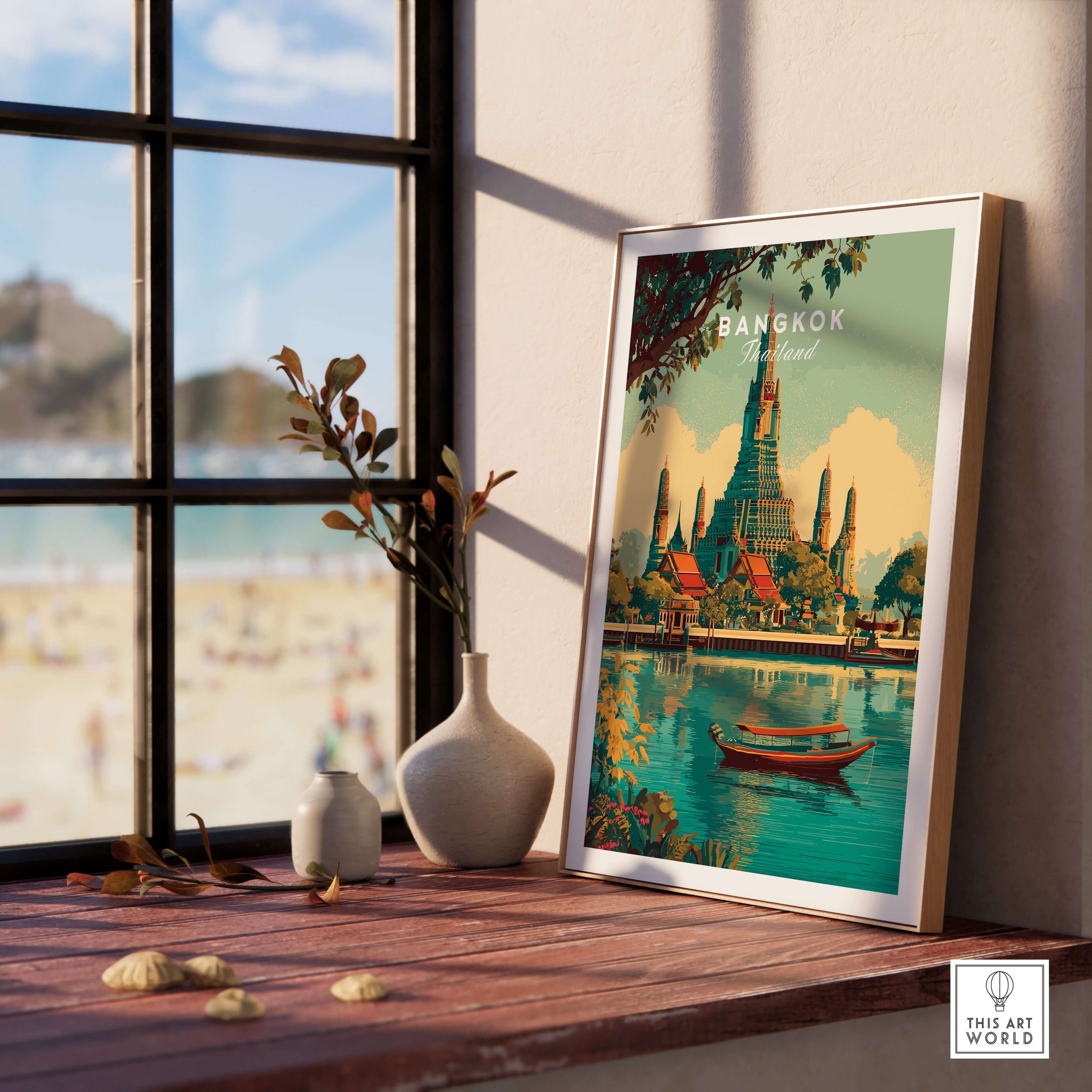 Bangkok Poster Thailand Wat Arun River Scene Print - Grand Temple Wall Art displayed in a cozy interior setting.