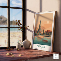 Bangkok Poster Thailand Temple of Dawn - Historic Thai Landmark Print showcasing elegant architecture in a home setting.