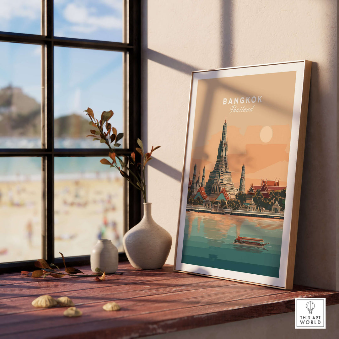 Bangkok print featuring Wat Arun Temple by Chao Phraya River on display in a cozy interior setting.