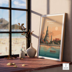 Bangkok Print Thailand Wat Arun Temple - Chao Phraya River Wall Art displayed in a cozy interior setting.