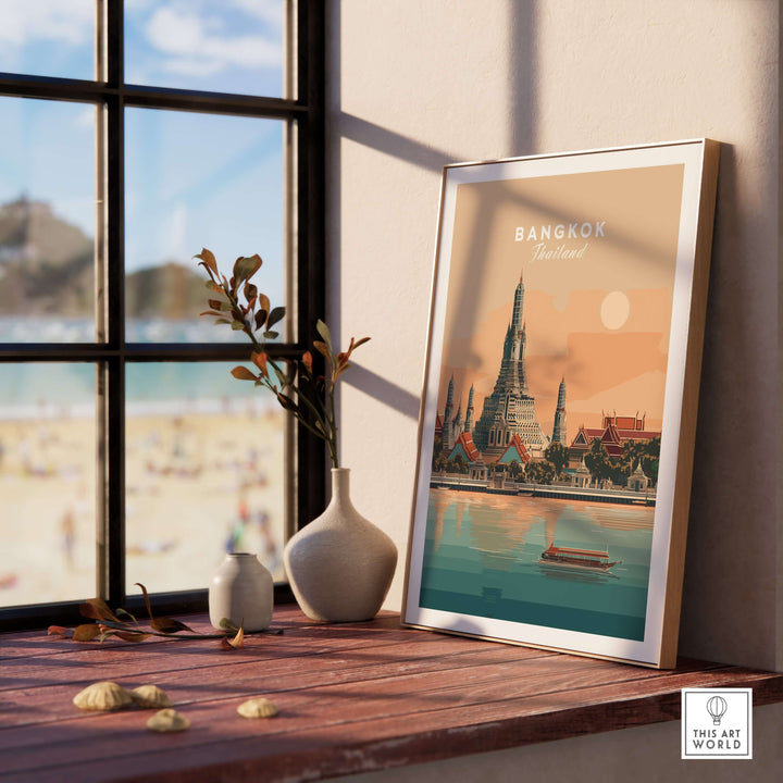 Bangkok print featuring Wat Arun Temple by Chao Phraya River on display in a cozy interior setting.