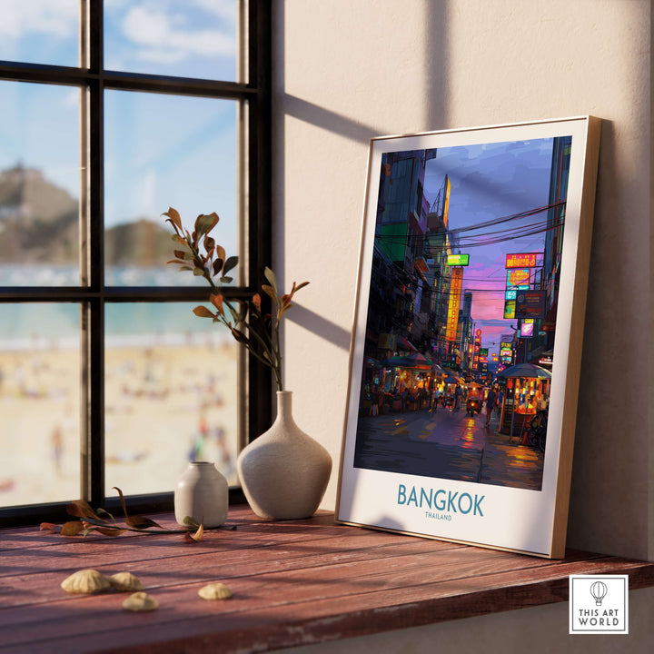 Bangkok Thailand neon lights wall art framed on table, highlighting vibrant urban scenery and lively nightlife.